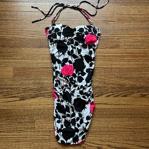 Black White Pink Mini Floral Halter Dress Small S